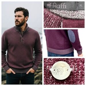 Raffi Mens Sweater Burgundy Wool Cashmere Henley Mock Neck Elbow Patch Preppy XL